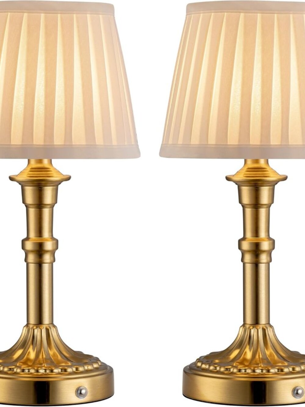 Gold Cordless Portables Table Lamp Set of 2, White Fabric Shade Small Desk Lamps